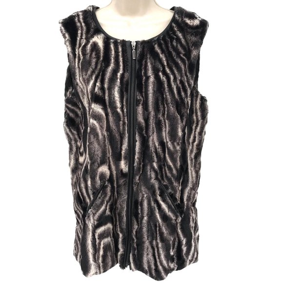 Style&Co Womens Black White Animal Print Faux Fur Front Zip Vest Size L - Picture 1 of 7